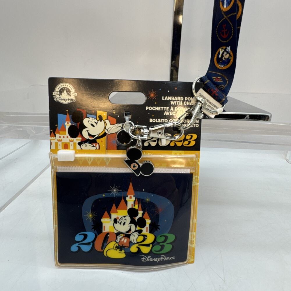 2023 Disney Parks ID Holder Lanyard Pouch w/Mickey Mouse Charm & Cruise Lanyard